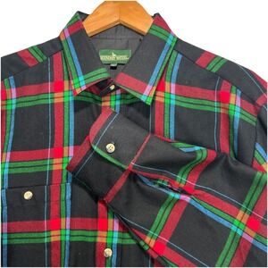 VTG Boundary Waters Plaid Button Up Shirt Mens L Black Red Green Acrylic Flannel